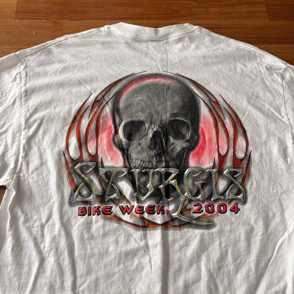 Vintage 2004 Sturgis Bike Week Skull Tribal Graphic White T-Shirt